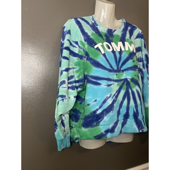 Tommy Hilfiger Sweatshirt Womens Medium Blue Green Tie Dye TOMMY Logo Crewneck - Picture 2 of 8